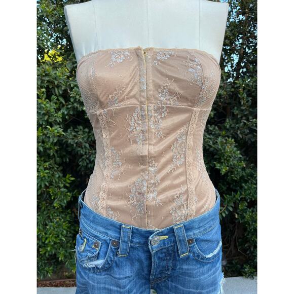 Y2K Hourglass Nude Brown Gold Lace Strapless Corset Small - Picture 1 of 10